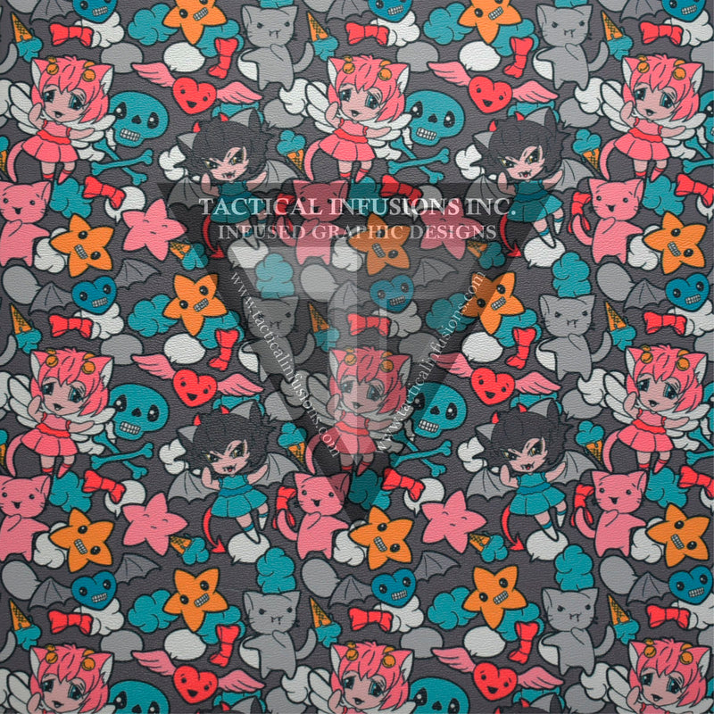 Kawaii Angel and Devil Pattern on White .080"